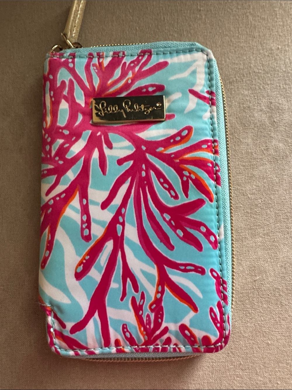 Lilly Pulitzer Turquoise Wallet with Hot Pink & Orange Coral Motif